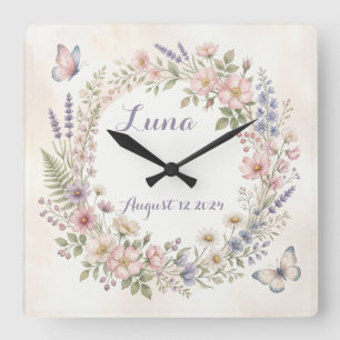 Traumhafte Wasserfarben-Blumen-Uhr  Quadratische Wanduhr