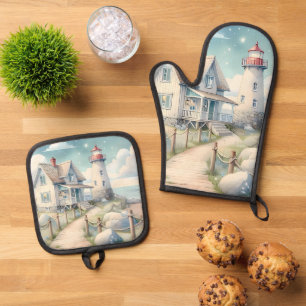Traumhafter Pastell-Leuchtturm am Meer Ofenhandschuh & Topflappen-Set