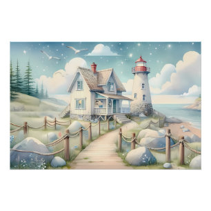 Traumhafter Pastell-Leuchtturm am Meer Poster