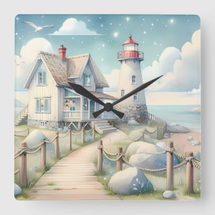 Traumhafter Pastell-Leuchtturm am Meer Quadratische Wanduhr