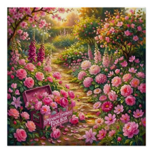 Traumhafter rosa Blumengarten-Pfad-Malerei Poster