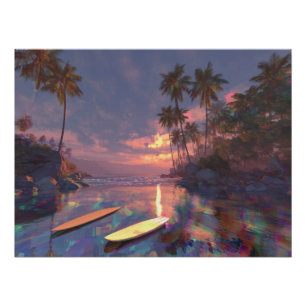 Traumhafter tropischer Sonnenuntergang mit Glitch- Poster