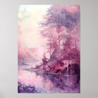 Traumhafter Wasserfarbenwald in Rosatönen Poster