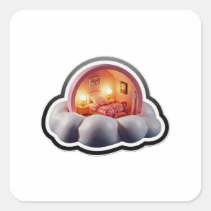 Traumhaftes 3D-Bett auf Wolken Ästhetik-Raum-Aufkl Quadratischer Aufkleber