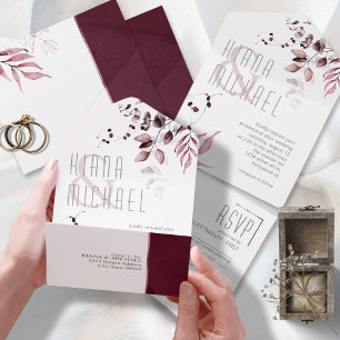 Traumhaftes Laub Hochzeit Burgunder ID817 All In One Einladung