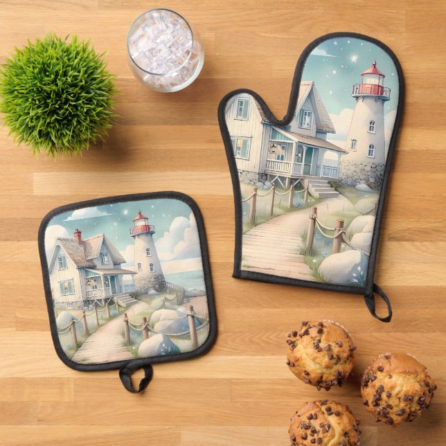 Traumhaftes Pastel Lighthouse am Meer Ofenhandschuh & Topflappen-Set (Oben Unten)