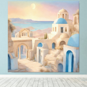Traumhaftes Santorini Griechenland Aquarell - Blau Leinwanddruck
