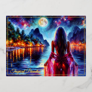 Traumhaftes Strandmädchen mit Mond und Lichtern Folien Feiertagspostkarte