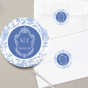 Traumhochzeit-Monogramm Delft Blau Floral Runder Aufkleber