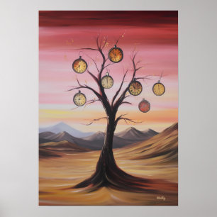 Traumlandschaft mit hängenden Taschenuhren an eine Poster