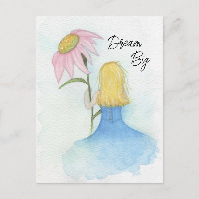 Traummädchen mit Riesenrosa-Blume Postkarte (Vorderseite)