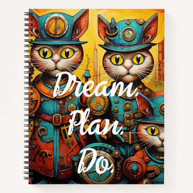 Traumplan. Empfohlen. Fun Steampunk Cats Notizbuch (Vorderseite)