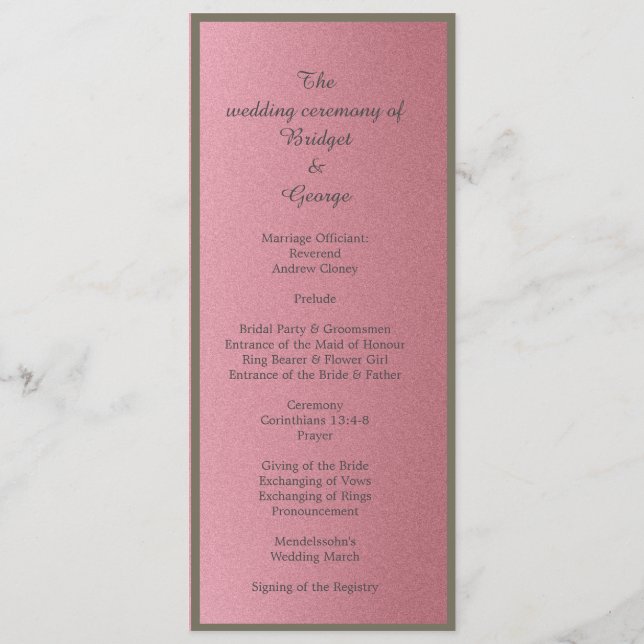 Traumrosa Glitzer Hochzeitsprogramm & Menü Programm (Rückseite)