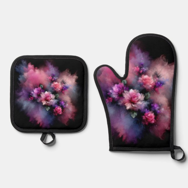 Traumrosa und Lila Rose Wasserfarbe Ofenhandschuh & Topflappen-Set (Vorderseite)