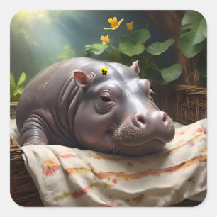 **"Träumskorb: Ein Baby Hippo's Cosy Nickerchen"** Quadratischer Aufkleber