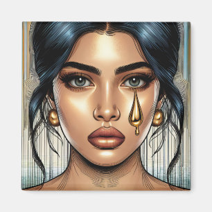 Traurig schöne Frau mit goldener Träne Magnet