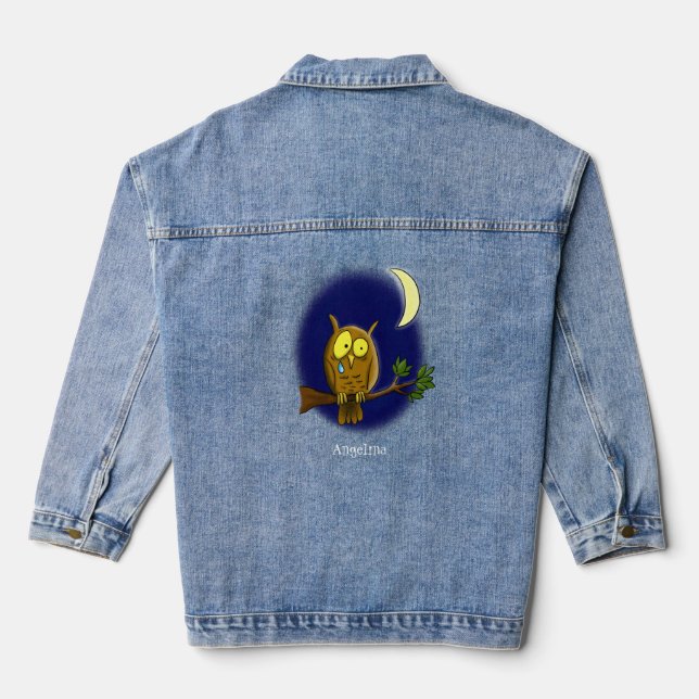 Traurige Eule mit Tränen und Mond vermisst, Sie Ca Jeansjacke (Rückseite)