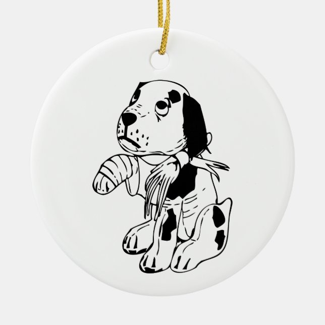 Trauriger Hund mit dem gebrochenen Bein Keramikornament (Vorne)