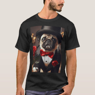 Trauriger Mops-Hund im Smoking mit roter Rose T-Shirt