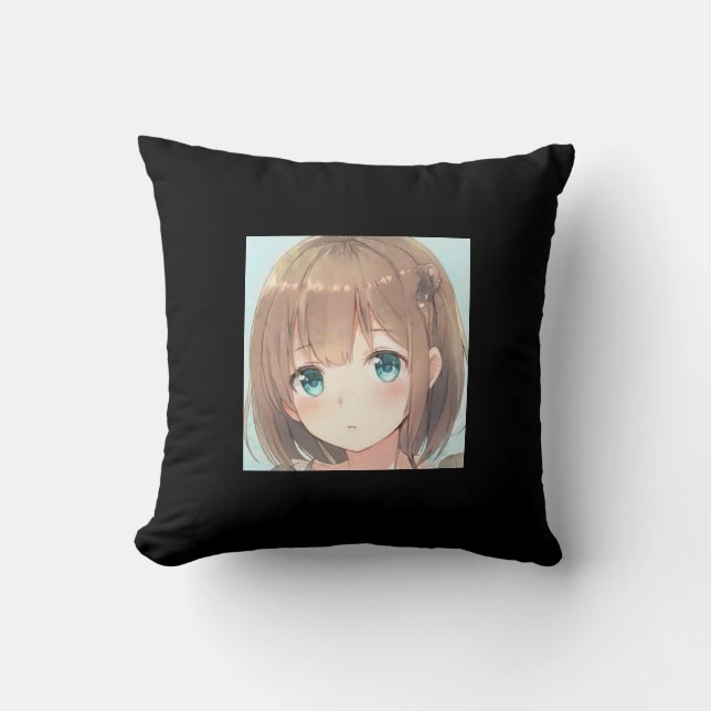 Trauriges braunes Haar smaragdgrüne Augen Anime Ma Kissen (Vorderseite)