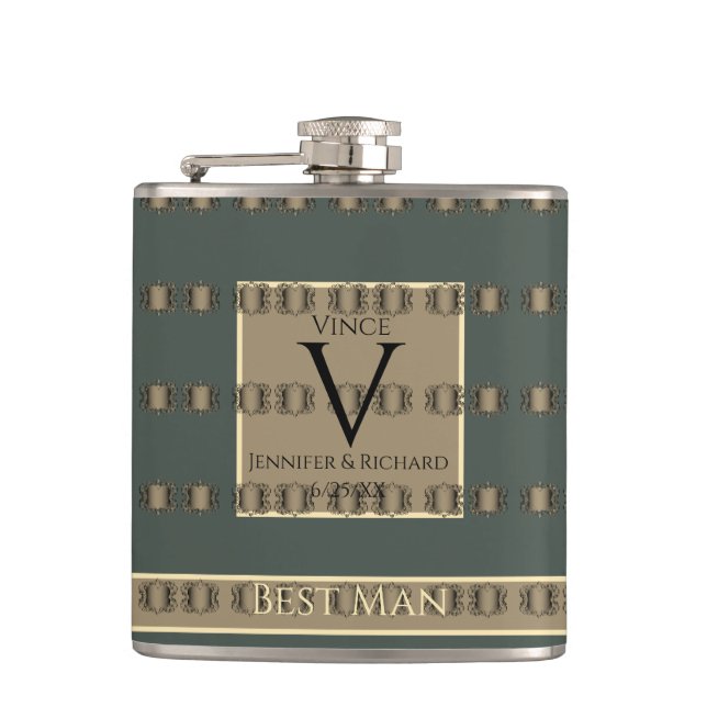 Trauzeuge Altes Gold & Aquamarin Grau Goldene Hoch Flachmann (Vorderseite)