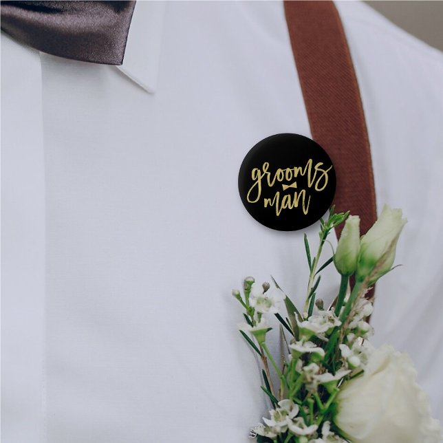Trauzeuge Bow Krawatte Gold Script Brautparty Hoch Button ('Groomsman' Bow Tie Gold Brush Script Calligraphy Wedding Rehearsal Pin Button @ fatfatin_blue_knot)