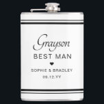 Trauzeuge Custom Personalisiert Wedding Party Flachmann<br><div class="desc">Trauzeuge Custom Personalisiert Name Wedding Party Flask zeigt den Namen des Trauzeugen mit den Namen des Brautpaares und das Hochzeitstermin mit einem kleinen Liebe Herz. Maßgeschneidert für den Trauzeuge. Designed by ©2024 Evco Studio www.zazzle.com/store/evcostudio</div>
