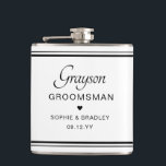 Trauzeuge Custom Personalisiert Wedding Party Flachmann<br><div class="desc">Trauzeuge Custom Personalisiert Name Wedding Party Flask zeigt den Namen des Trauzeugen mit den Namen des Brautpaares und das Hochzeitstermin mit einem kleinen Liebe Herz. Maßgeschneidert für den Trauzeuge. Designed by ©2024 Evco Studio www.zazzle.com/store/evcostudio</div>