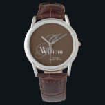 Trauzeuge Hochzeitsgeschenk Modernes Monogramm Nam Armbanduhr<br><div class="desc">Trauzeuge Hochzeitsgeschenk Modernes Monogramm und Personalisierter Name Coole Uhr mit braunem Dial und braunem Lederband. Maßgeschneidert für die besondere Touch Ihres Trauzeugen. Klicken Sie auf diese Vorlage personalisieren, um sie mit dem Anfangsnamen des Monogramms, dem Vornamen und dem Datum, schnell und einfach anzupassen. Trauzeuge Wedding Geschenk Moderne Monogram Name Cool...</div>