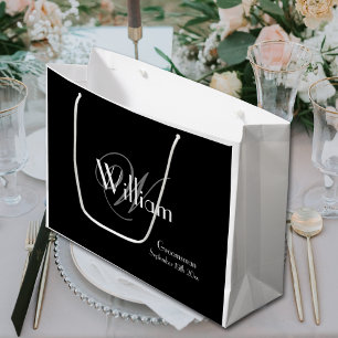 Trauzeuge Monogram + Name Elegantes Script schwarz Große Geschenktüte