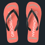 Trauzeuge NAME Coral Flip Flops<br><div class="desc">Helle Strandfarben in Korallen mit Trauzeuge in Großbuchstaben, weiß. Name und Datum der Hochzeit sind in Türkis mit schwarzen Akzenten geschrieben. Personalisieren Sie Ihre Namen in Großbuchstaben mit jedem Ihrer Trauzeugen in lustigen Urschriften. Klicken Sie auf Anpassen, um die Namensgröße zu erhöhen oder zu verringern, um innerhalb sicherer Zeilen zu...</div>