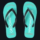 Trauzeuge NAME Turquoise Blue Flip Flops<br><div class="desc">Helle Strandfarben in türkisblau mit Trauzeuge in Großbuchstaben, weißer Text und Name und Datum der Hochzeit in Korallen mit schwarzen Akzenten. Personalisieren Sie Ihre Namen in Großbuchstaben mit jedem Ihrer Trauzeugen in lustigen Urschriften. Klicken Sie auf Anpassen, um die Namensgröße zu erhöhen oder zu verringern, um innerhalb sicherer Zeilen zu...</div>