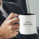 Trauzeuge Schwarz-Weiß-Personalisiert Tasse<br><div class="desc">Individueller Schlamm für Ihren Trauzeuge in modernem,  minimalistischem Typografie-Design. Die Namensvorlage ist Set für Sie bereit,  um den Namen des Trauzeugen,  der Braut und des Bräutigams und das Hochzeitstermin hinzuzufügen. Dieses Design hat eine schwarz-weiße Farbpalette. Bitte stöbern Sie in unserem Shop,  um die Geschenke für Ihre Trauzeugen zu koordinieren.</div>