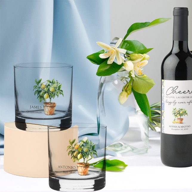 Trauzeuge und Trauzeugen Lemon Theme Wedding Party Whiskyglas (Groomsman gift glasses from the Lemon Grove Wedding Collection by Darling & May)