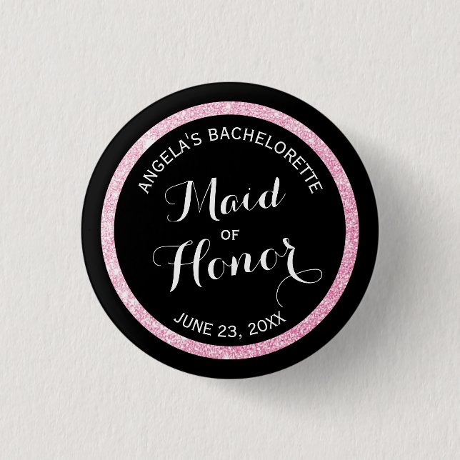 Trauzeugin Bachelorette, Schwarz-Rosa Glitzer Button (Vorderseite)