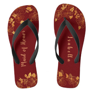 Trauzeugin Dark Burgundy & Gold Foliage Flip Flops