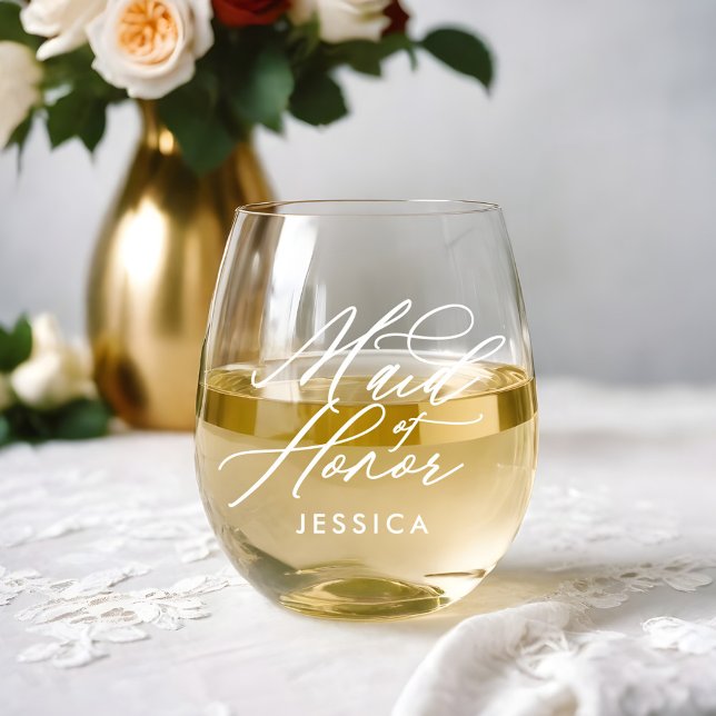 Trauzeugin Elegante Script Name Wedding Party Weinglas Ohne Stiel (Maid of Honor Elegant Script Name Wedding Party Stemless Wine Glass)