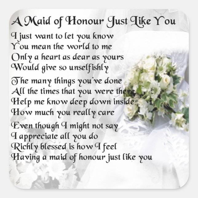 Trauzeugin Gedicht - Wedding Bouquet Design Quadratischer Aufkleber (Vorderseite)