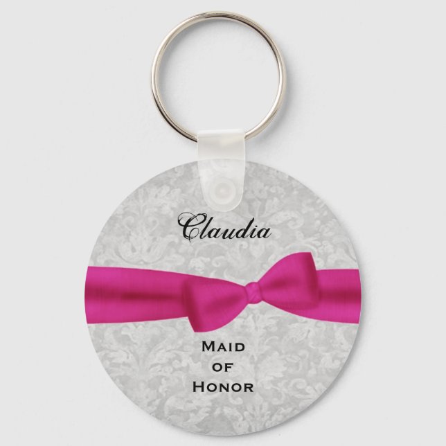 Trauzeugin Pink Bow Silver Damask E001 Schlüsselanhänger (Vorderseite)