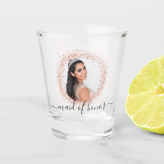 Trauzeugin Rose Gold Foto Glitzer Namenskript Schnapsglas (Vorderseite)