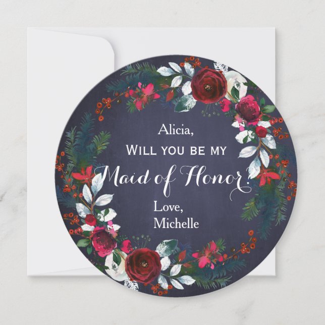 Trauzeugin Watercolor Winter Red Peonies Wreath Einladung (Vorderseite)