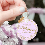 Trauzeugin Wedding Gift Gold Frills auf Lilac Schlüsselanhänger<br><div class="desc">Diese Schlüsselanhänger sind so konzipiert, dass sie der Trauzeugin in Ihrer Hochzeitsfeier einen Vorzug geben. Sie zeichnen sich durch ein schlichtes und dennoch elegantes Design aus, das mit einem lila Hintergrund in hellen Lilien, Goldtext und einem zartem goldenen Imitat mit blühenden Rahmen versehen ist. Der Text lautet "Trauzeugin" mit Platz...</div>