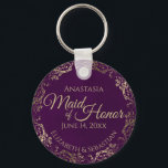 Trauzeugin Wedding Gift Plum Lila & Gold Schlüsselanhänger<br><div class="desc">Diese Schlüsselanhänger sind so konzipiert, dass sie der Trauzeugin in Ihrer Hochzeitsfeier einen Vorzug geben. Sie zeichnen sich durch ein schlichtes und dennoch elegantes Design aus, das mit einem lila Hintergrund in Pflaumenfarben, einem Goldtext und einem zartem goldenen Imitat mit Blumenrahmen versehen ist. Der Text lautet "Trauzeugin" mit Platz für...</div>