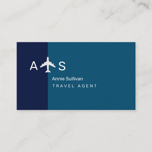 Travel Agent 2-Töne-blaues Flugzeug-Monogramm Visitenkarte (Vorderseite)