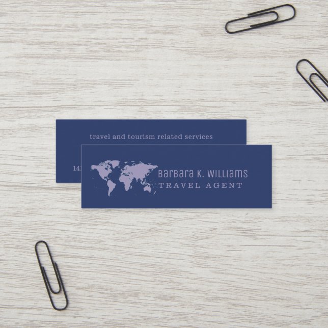 Travel Agent Blue Business Card Weltkarte Mini Visitenkarte (Vorderseite/Rückseite Beispiel)