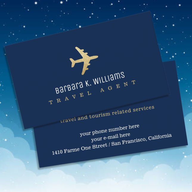Travel Agent Business Card mit Imitat Gold Flugzeu Visitenkarte (Von Creator hochgeladen)