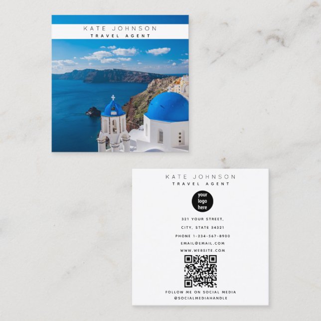 Travel Agent Business Logo Fotograf Santorini Quadratische Visitenkarte (Vorne/Hinten)