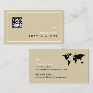 Travel Agent Logo Plane World Map Beige Visitenkarte