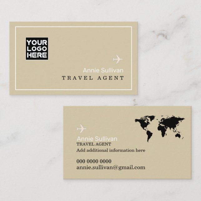 Travel Agent Logo Plane World Map Beige Visitenkarte (Vorne/Hinten)