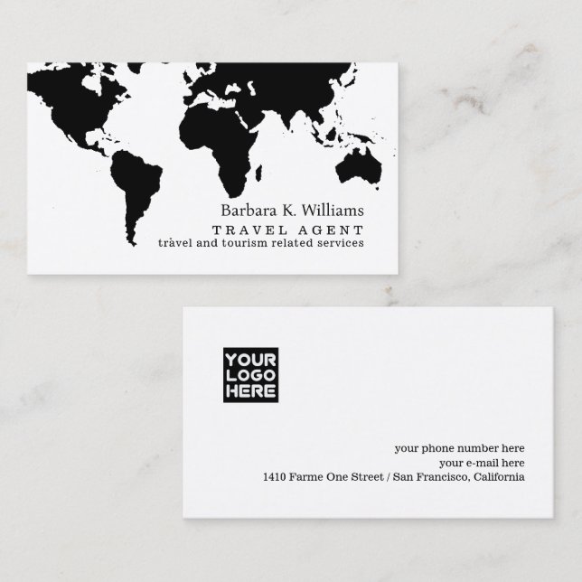 Travel Agent Modern Black White Business Card  Visitenkarte (Vorne/Hinten)